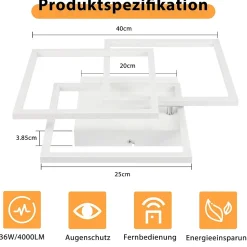 NETTLIFE Plafonnier LED Salon Blanc Dimmable Carré Moderne 36w Avec Télécommande