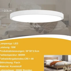 NETTLIFE plafonnier LED salle de bain 30cm lampe chambre lampe cuisine plate 4000K 18W lampe salle de bain IP44