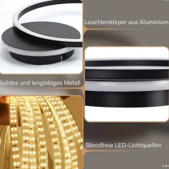 NETTLIFE Plafonnier LED Salon 24W Noir Moderne 2 Anneaux 3000K Blanc Chaud