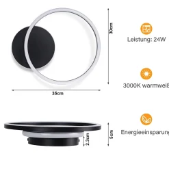 NETTLIFE Plafonnier LED Salon 24W Noir Moderne 2 Anneaux 3000K Blanc Chaud