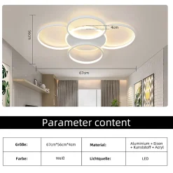 NETTLIFE Plafonnier LED Salon Dimmable 70W avec télécommande 5 anneaux Blanc Moderne Acrylique Dimmable