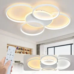 NETTLIFE Plafonnier LED Salon Dimmable 70W avec télécommande 5 anneaux Blanc Moderne Acrylique Dimmable