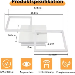 NETTLIFE Plafonnier LED Salon Blanc Dimmable Carré Moderne 32w Avec Télécommande