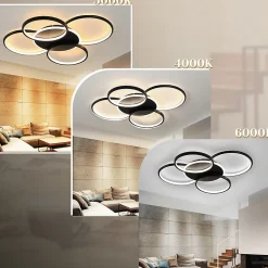 NETTLIFE Plafonnier LED salon dimmable 70W avec télécommande 5 anneaux blanc moderne acrylique