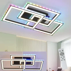NETTLIFE Plafonnier LED Salon 45W Lampe de Salon Noir Moderne Dimmable avec Télécommande Changement de Couleur Géométrique pour
