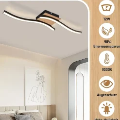 NETTLIFE plafonnier LED 12W bois 3000K blanc chaud design moderne métal noir