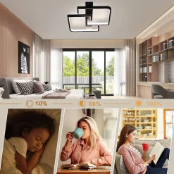 NETTLIFE Plafonnier LED 45W Métal 60CM Salon Dimmable avec Télécommande Noir Design Moderne pour Salle à Manger Cuisine d'étude