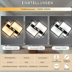 NETTLIFE Plafonnier LED 45W Métal 60CM Salon Dimmable avec Télécommande Noir Design Moderne pour Salle à Manger Cuisine d'étude