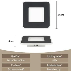 NETTLIFE Plafonnier LED 23W noir 24cm lampe de cuisine blanc chaud design moderne lampe de chambre carré couloir pour salon