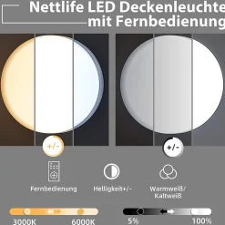 NETTLIFE Plafonnier LED 36W, 3000K-6000K, 41,5x41,5x7,5 cm Dimmable Noir avec Télécommande Rond Moderne pour Cuisine Couloir