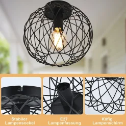 NETTLIFE Plafonnier noir lampe de salle à manger cage grille vintage E27 spot de plafond en métal