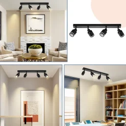 NETTLIFE Plafonnier Noir Moderne: 4 Spots Métal GU10, Orientables,Pour Chambre,Salle à Manger, Ampoules Non Incluses