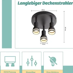 NETTLIFE Plafonnier noir moderne : 3 spots de plafond orientables en métal, plafonnier GU10, pour chambre, sans ampoule