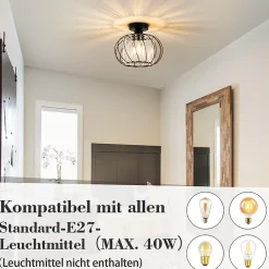 NETTLIFE Plafonnier Plafonnier moderne en cristal : Lampe de couloir noire E27 Lampe de cuisine vintage avec cadre en métal