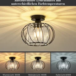 NETTLIFE Plafonnier Plafonnier moderne en cristal : Lampe de couloir noire E27 Lampe de cuisine vintage avec cadre en métal
