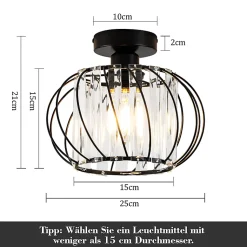 NETTLIFE Plafonnier Plafonnier moderne en cristal : Lampe de couloir noire E27 Lampe de cuisine vintage avec cadre en métal