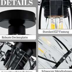 NETTLIFE Plafonnier Plafonnier moderne en cristal : Lampe de couloir noire E27 Lampe de cuisine vintage avec cadre en métal