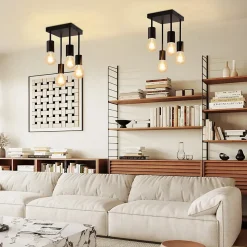 NETTLIFE Plafonnier plafonnier noir vintage E27 4 ampoules rétro métal Sans ampoules