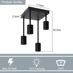 NETTLIFE Plafonnier plafonnier noir vintage E27 4 ampoules rétro métal Sans ampoules