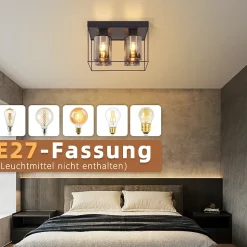 NETTLIFE Plafonnier salon plafonnier verre 4 ampoules E27 vintage noir style industriel métal rétro