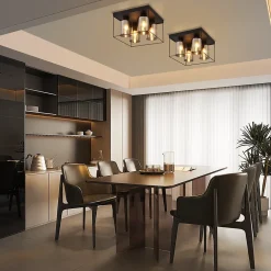 NETTLIFE Plafonnier salon plafonnier verre 4 ampoules E27 vintage noir style industriel métal rétro