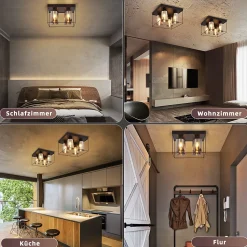 NETTLIFE Plafonnier salon plafonnier verre 4 ampoules E27 vintage noir style industriel métal rétro