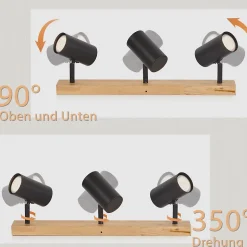 NETTLIFE Plafonnier Spot de plafond Noir 3 flamme GU10 Bois moderne rétro Métal réglables Sans ampoules