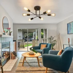 NETTLIFE Plafonnier Vintage 6 Ampoules Salon E27 Lustre Noir Rétro Lampe de Chambre à Coucher Style Rustique Lampe