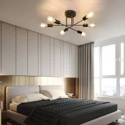 NETTLIFE Plafonnier Vintage 6 Ampoules Salon E27 Lustre Noir Rétro Lampe de Chambre à Coucher Style Rustique Lampe