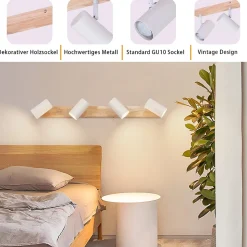 NETTLIFE Spot de Plafond 4 Ampoules Plafonnier en Bois Blanc GU10 Vintage Pivotant