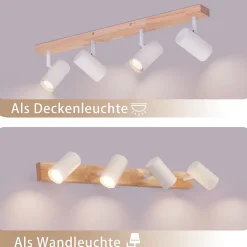 NETTLIFE Spot de Plafond 4 Ampoules Plafonnier en Bois Blanc GU10 Vintage Pivotant