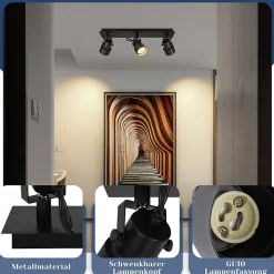 NETTLIFE Spot de Plafond Noir Plafonnier Vintage GU10 Lampe de Cuisine pour Orientable 3 Flammes Vintage