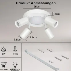 NETTLIFE Spot de plafond 4 ampoules rond 20W 3000K GU10 installation facile blanc chaud orientable moderne