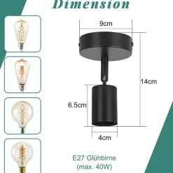 NETTLIFE Spot E27 noir lampe murale vintage lampe de cuisine pour salon, chambre à coucher Max.40 W