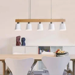 NETTLIFE Suspension 5 ampoules E27 blanc moderne Métal et bois lampe de salle à manger Diam.102cm pour cuisine salon couloir hôtel