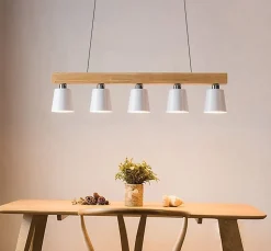 NETTLIFE Suspension 5 ampoules E27 blanc moderne Métal et bois lampe de salle à manger Diam.102cm pour cuisine salon couloir hôtel