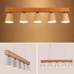 NETTLIFE Suspension 5 ampoules E27 blanc moderne Métal et bois lampe de salle à manger Diam.102cm pour cuisine salon couloir hôtel