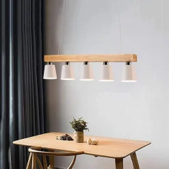 NETTLIFE Suspension 5 ampoules E27 blanc moderne Métal et bois lampe de salle à manger Diam.102cm pour cuisine salon couloir hôtel