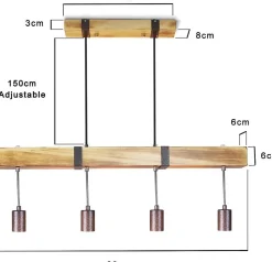 NETTLIFE Suspension 4 ampoules E27 Diam.80cm rétro avec poutre en bois Vintage pour salle à manger cuisine max.25W