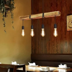NETTLIFE Suspension 4 ampoules E27 Diam.80cm rétro avec poutre en bois Vintage pour salle à manger cuisine max.25W
