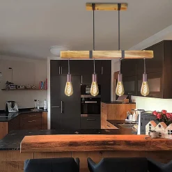 NETTLIFE Suspension 4 ampoules E27 Diam.80cm rétro avec poutre en bois Vintage pour salle à manger cuisine max.25W