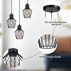 NETTLIFE Suspension 3 ampoules suspension ronde suspension noire LED E27 métal rétro