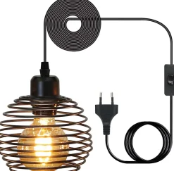 NETTLIFE Suspension E27 Noir Diam.15cm Vintage Conception à ressort Métal avec Prise et Interrupteur Rétro