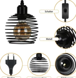 NETTLIFE Suspension E27 Noir Diam.15cm Vintage Conception à ressort Métal avec Prise et Interrupteur Rétro