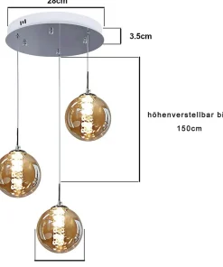 NETTLIFE Suspension en verre ambre Diam.28cm G9 lustre réglable en hauteur 3 lampes en ambre
