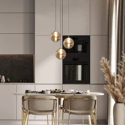 NETTLIFE Suspension en verre ambre Diam.28cm G9 lustre réglable en hauteur 3 lampes en ambre