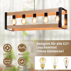 NETTLIFE Suspension lampe de salle à manger vintage en bois noire E27 5 flammes table à manger industrielle