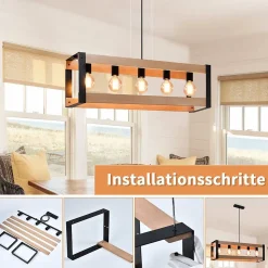 NETTLIFE Suspension lampe de salle à manger vintage en bois noire E27 5 flammes table à manger industrielle