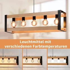 NETTLIFE Suspension lampe de salle à manger vintage en bois noire E27 5 flammes table à manger industrielle