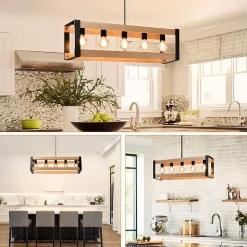 NETTLIFE Suspension lampe de salle à manger vintage en bois noire E27 5 flammes table à manger industrielle